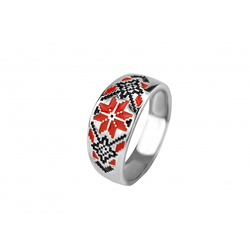 Кольцо серебряное с эмалью Вышиванка красное (0225.10кк)