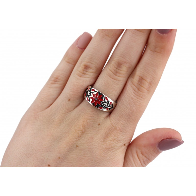 Кольцо серебряное с эмалью Вышиванка красное (0225.10кк)