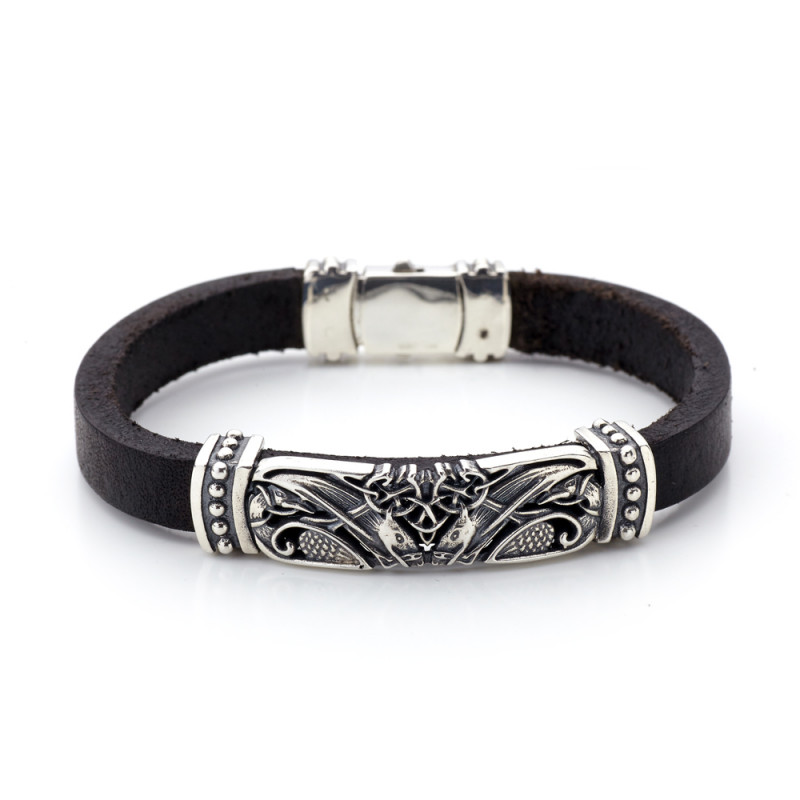 Браслет кожанный с серебром (444б)