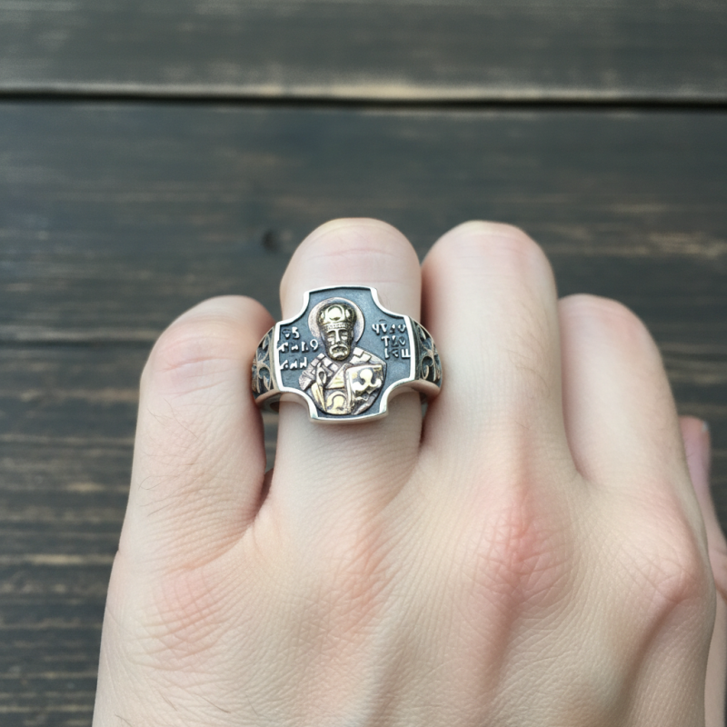 Печатка серебряная с золотом Святой Николай (А69к)