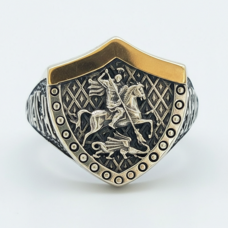 Печатка серебро с золотом Георгий Победоносец  Спаси и сохрани 1051к