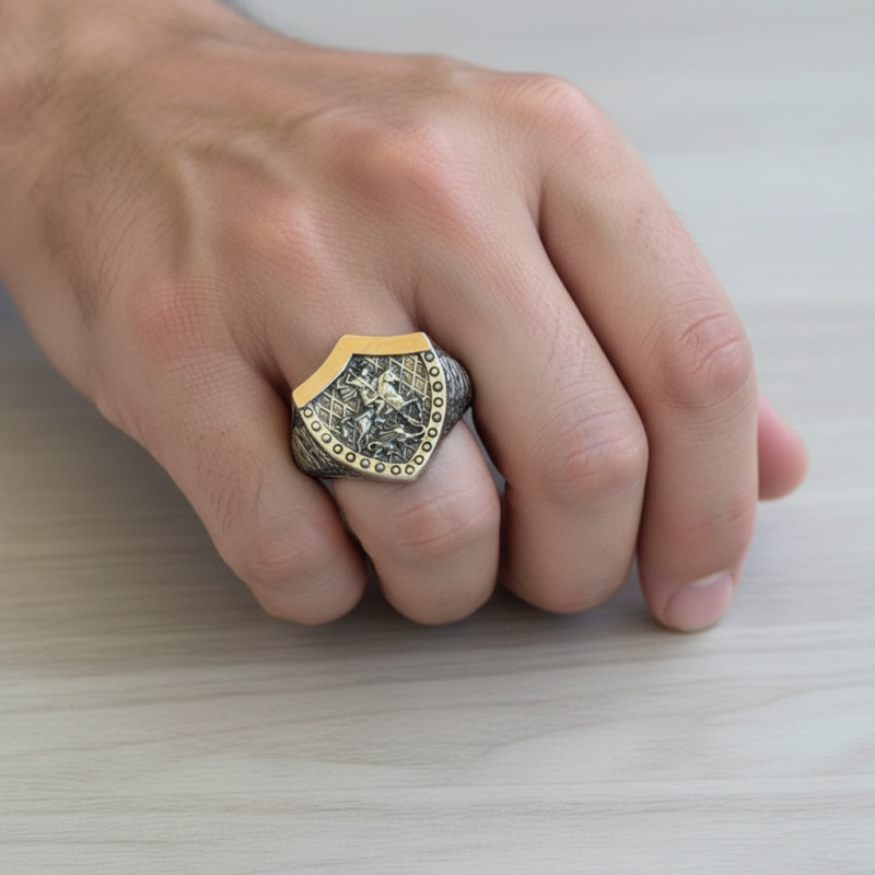 Печатка серебро с золотом Георгий Победоносец  Спаси и сохрани 1051к