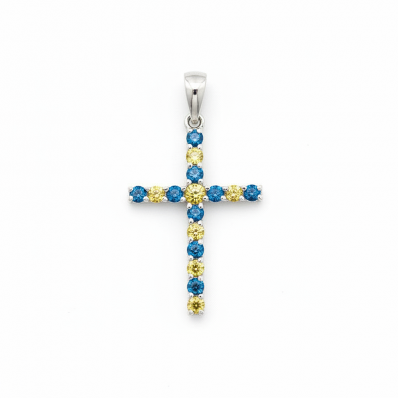 Крестик серебряный с жёлто голубыми фианитами 294жб
