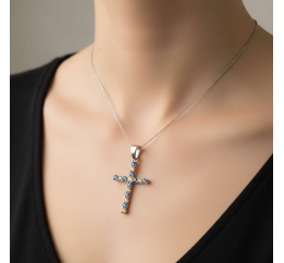 Крестик серебряный с жёлто голубыми фианитами 294жб