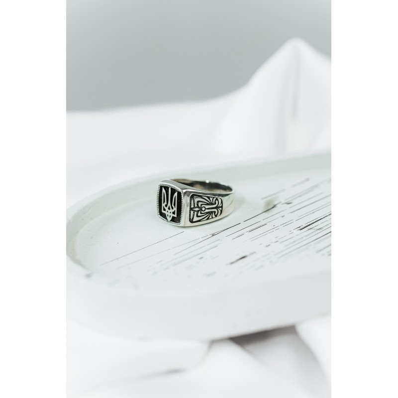 Печатка серебряная Герб Украины Трезубец с черной эмалью (520-3)