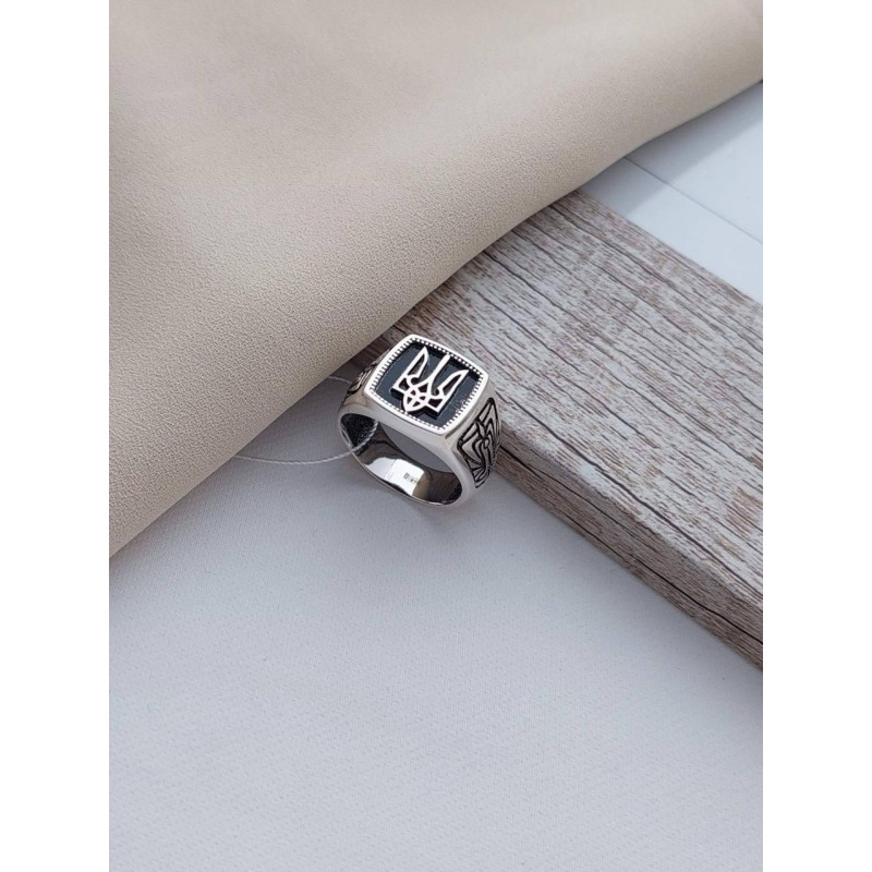 Печатка серебряная Герб Украины Трезубец с черной эмалью (520-3)