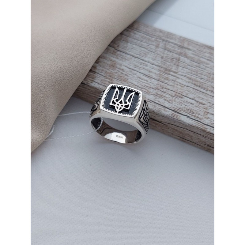 Печатка серебряная Герб Украины Трезубец с черной эмалью (520-3)