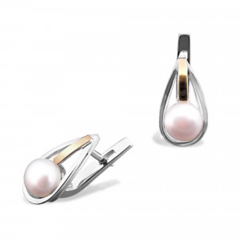 Серьги серебряные с золотом и жемчугом (107сж)