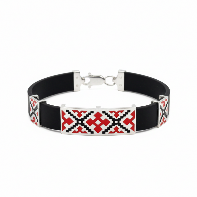 Браслет каучуковый с серебром Вишиванка красный (1049Ак)