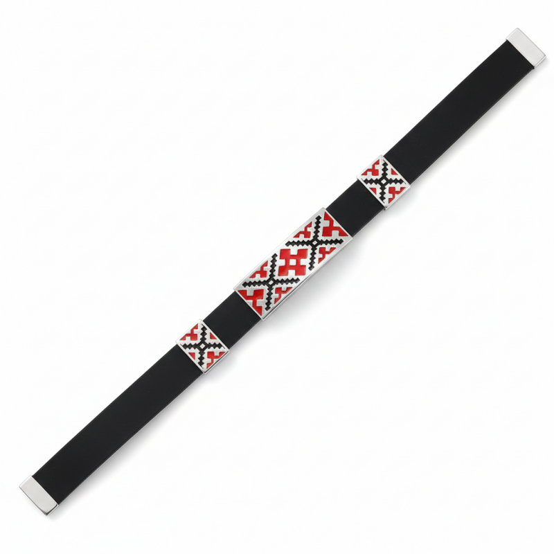 Браслет каучуковый с серебром Вишиванка красный (1049Ак)