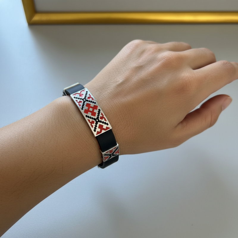 Браслет каучуковый с серебром Вишиванка красный (1049Ак)