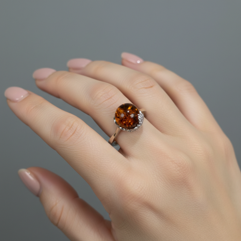 Кольцо серебряное с золотом и янтарем (463кя)