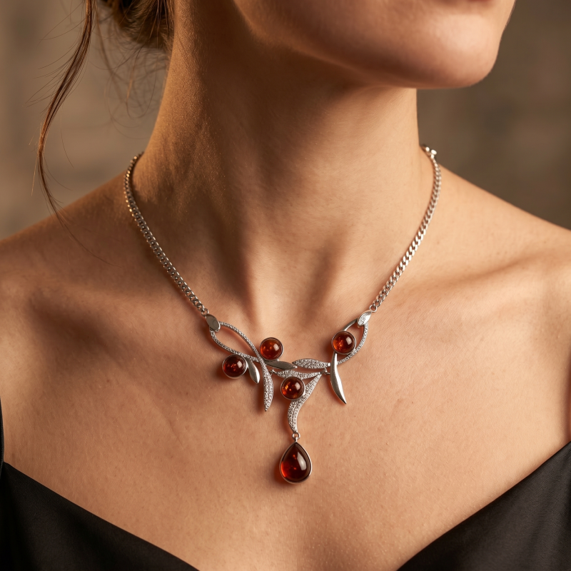 Колье серебряное с янтарем (811)