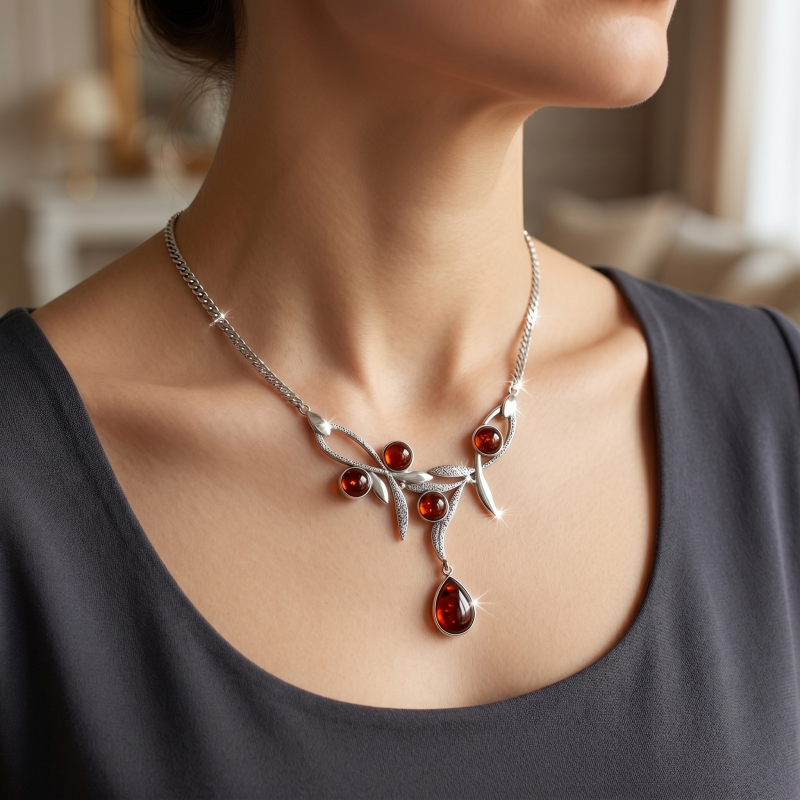 Колье серебряное с янтарем (811)