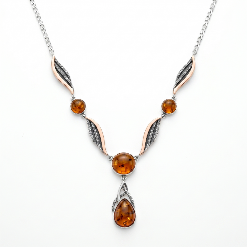 Колье серебряное с золотом и янтарем (808)