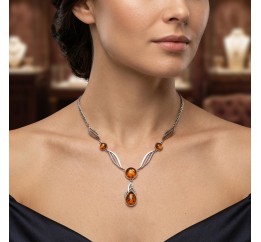 Колье серебряное с золотом и янтарем (808)