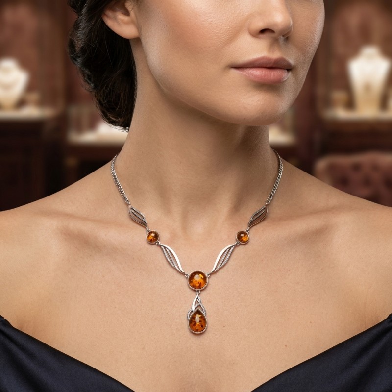 Колье серебряное с золотом и янтарем (808)