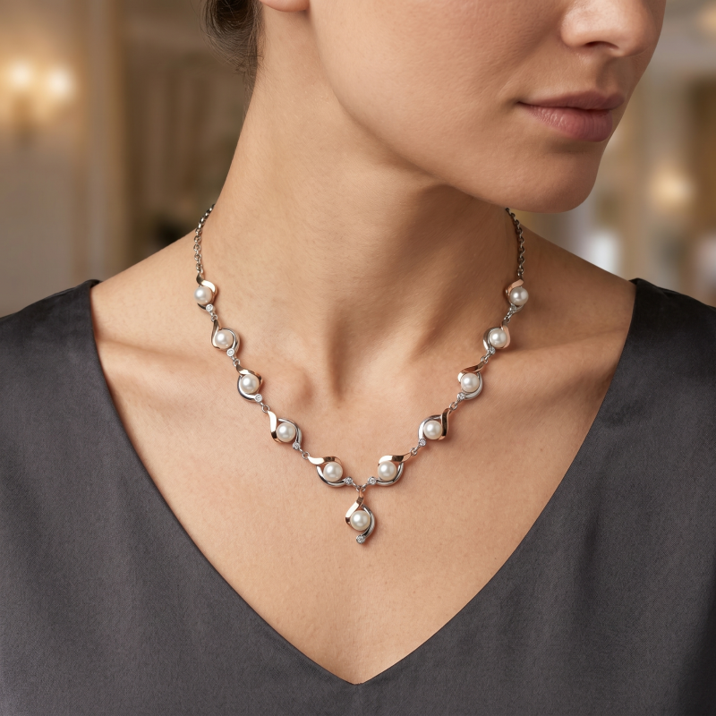 Колье серебряное с золотом и жемчугом (019)